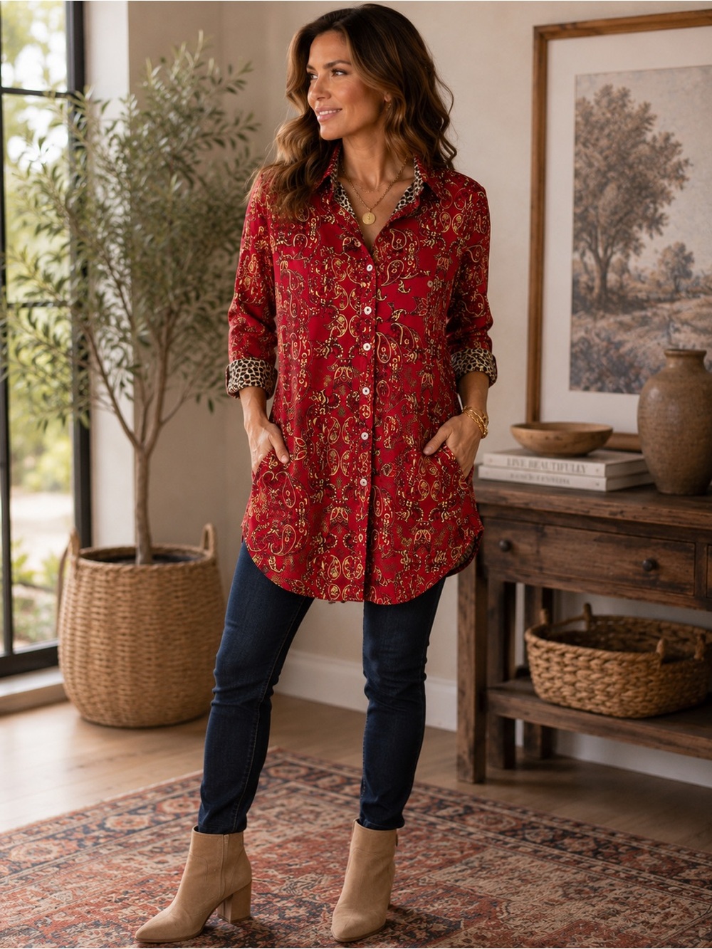 Lizzie Red Paisley Button-Up Shirt/ Dress w side pockets Size M